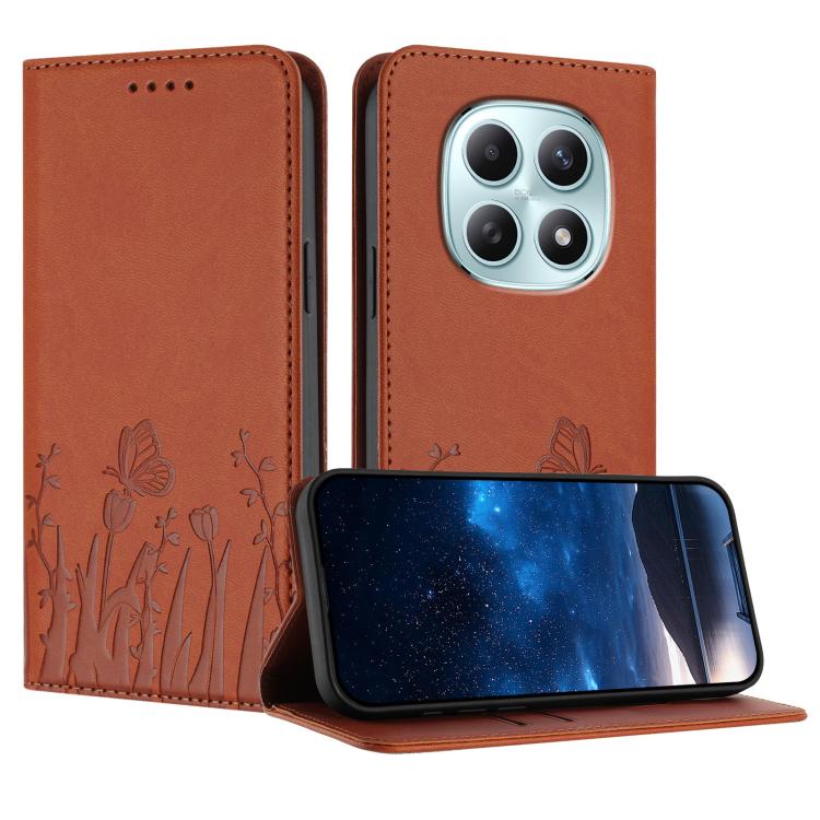 Orange-brown vegan leather phone case with butterfly and tulip pattern, front flap stand