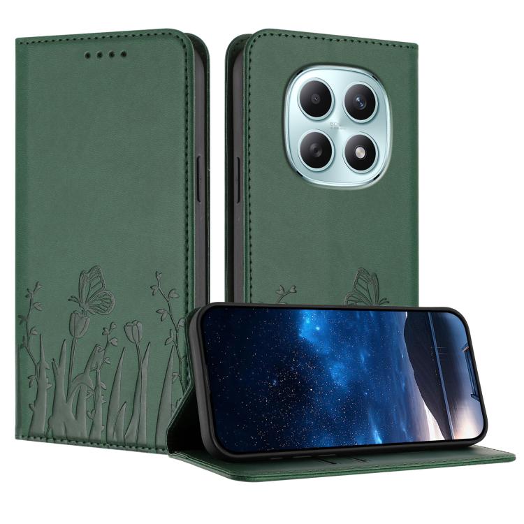 Dark green vegan leather phone case with butterfly and tulip pattern, front flap stand
