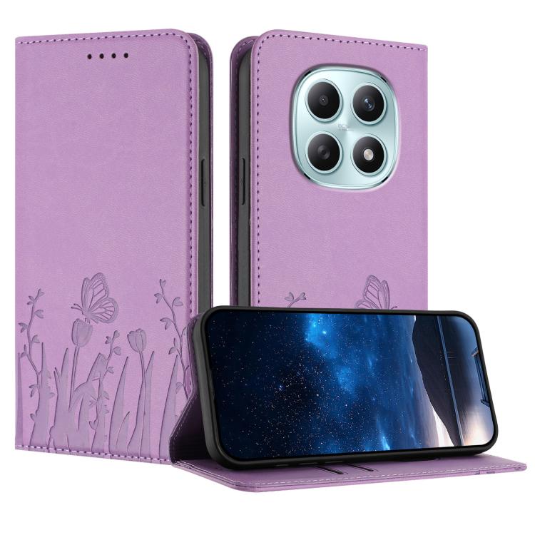 Lavender purple vegan leather phone case with butterfly and tulip pattern, front flap stand