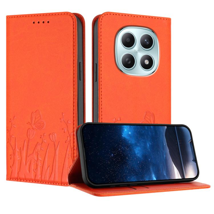 Orange vegan leather phone case with butterfly and tulip pattern, front flap stand