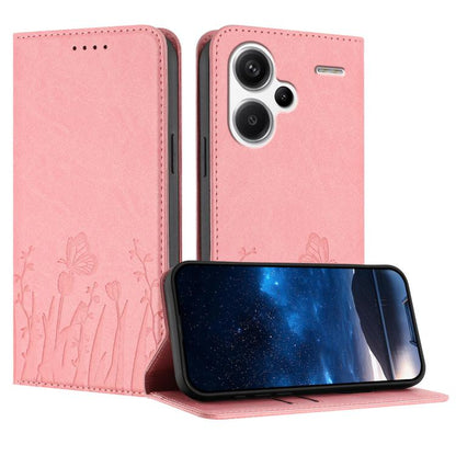 Pink magnetic folio phone case in vegan leather with butterfly and tulip pattern, camera cutouts.