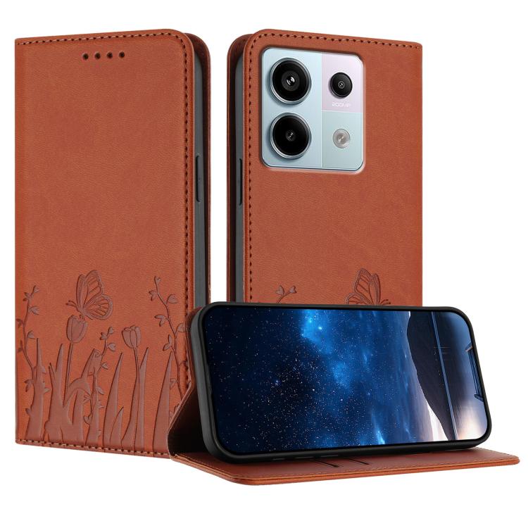 Orange flip phone case with butterfly and tulip pattern, magnetic vegan leather cover