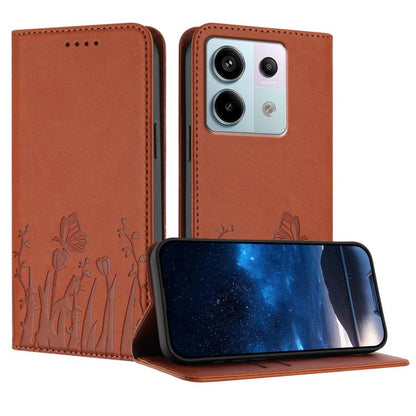 Orange flip phone case with butterfly and tulip pattern, magnetic vegan leather cover