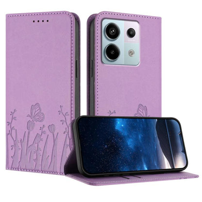 Light purple flip phone case with butterfly and tulip pattern, magnetic vegan leather cover