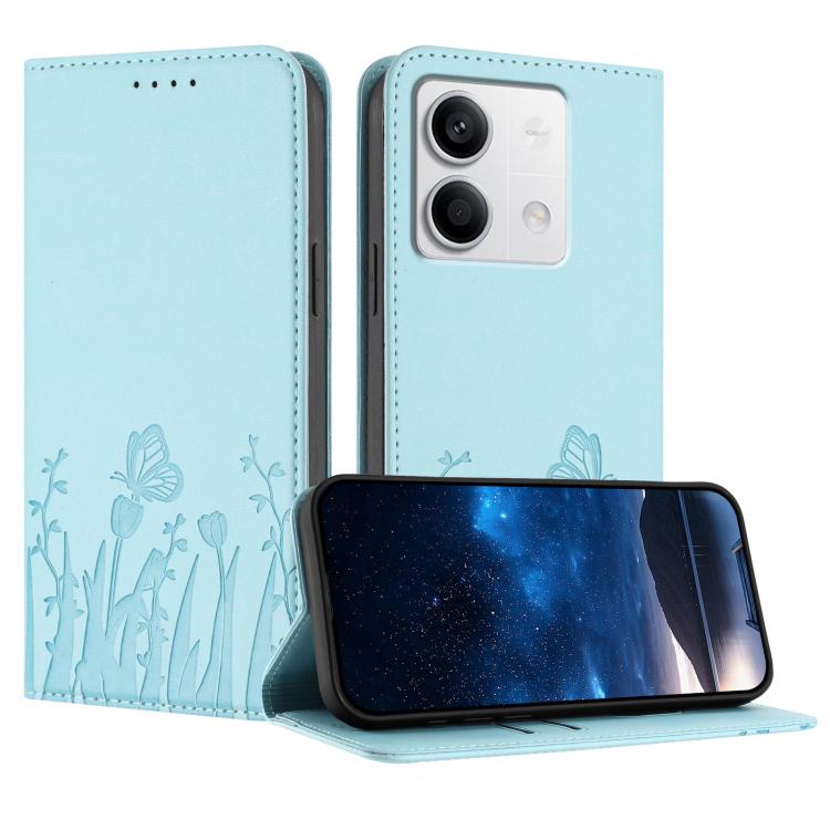 Light blue flip phone case with butterfly and tulip pattern, magnetic vegan leather cover