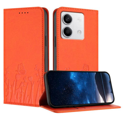Orange magnetic vegan leather phone case with tulip butterfly flip cover and cutouts