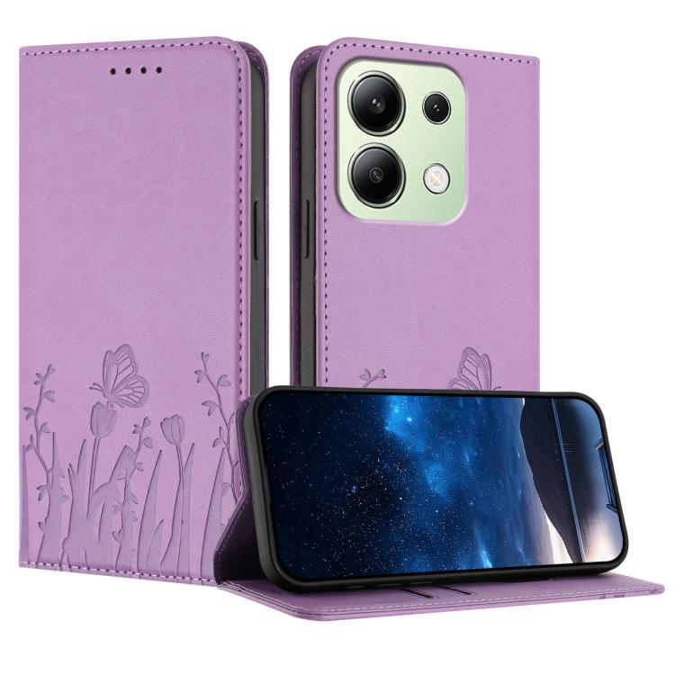Lavender folio wallet phone case with tulip and butterfly pattern, front flip cover