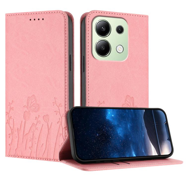 Light pink folio wallet phone case with tulip and butterfly pattern, flip cover closure