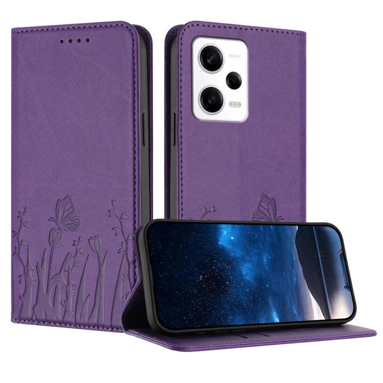 Purple magnetic vegan leather phone case with tulip and butterfly pattern, folio cover.