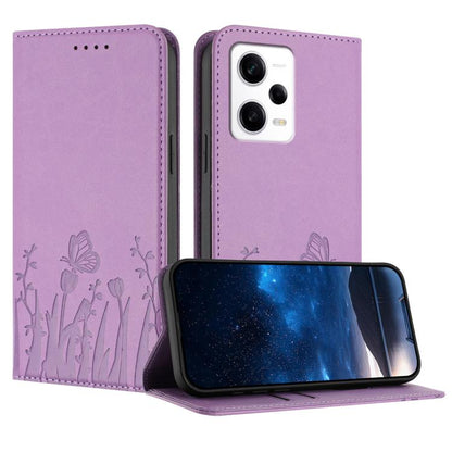 Lilac magnetic vegan leather phone case with tulip and butterfly pattern, folio cover.