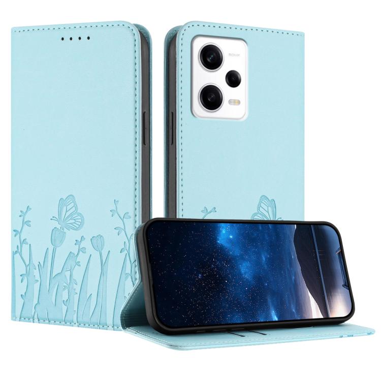 Light blue magnetic vegan leather phone case with tulip and butterfly pattern, folio cover.