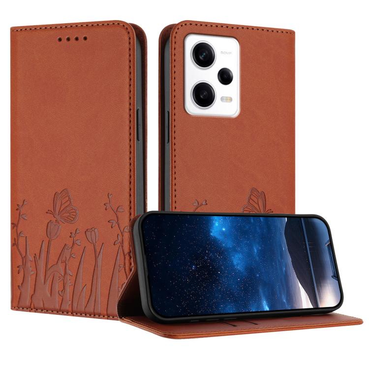 Orange vegan leather phone case with magnetic fold and tulip-butterfly pattern