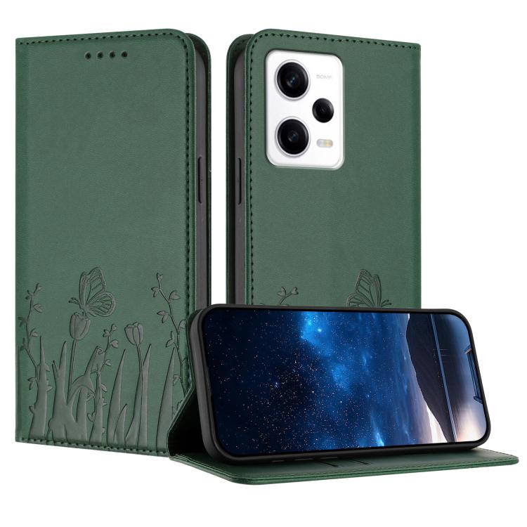 Dark green vegan leather phone case with magnetic fold and tulip-butterfly pattern