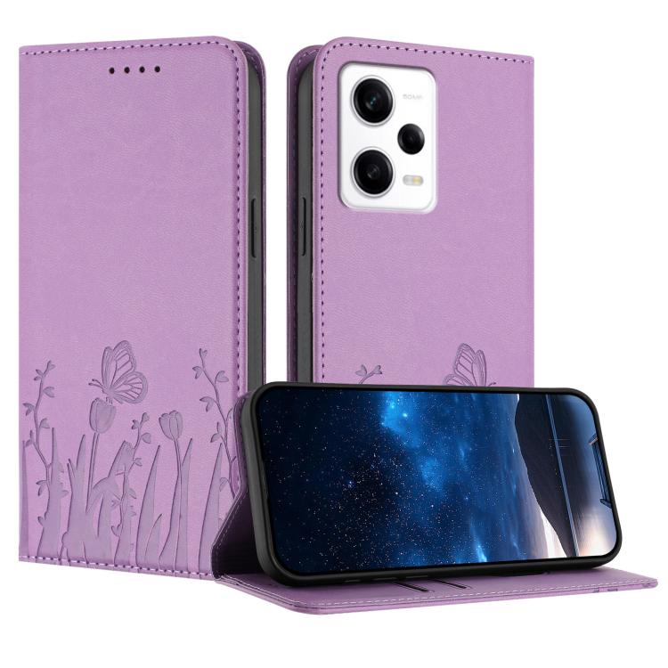 Lavender purple vegan leather phone case with magnetic fold and tulip-butterfly pattern