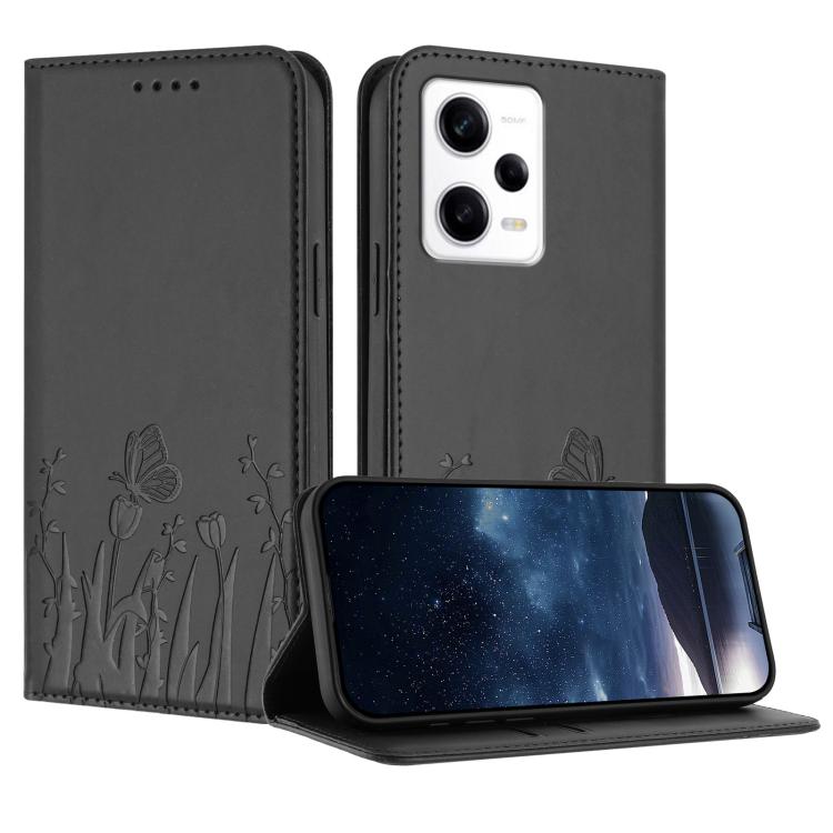 Dark gray vegan leather phone case with magnetic fold and tulip-butterfly pattern