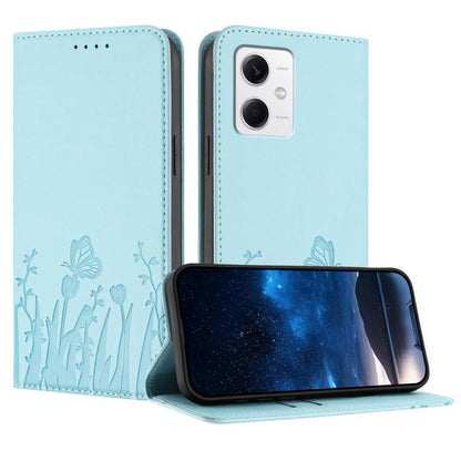 Magnetic vegan leather folio phone case in light blue with tulip butterfly pattern