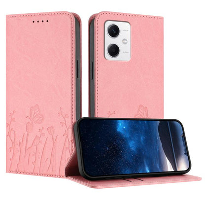 Pink magnetic vegan leather phone case with tulip and butterfly pattern, folio stand