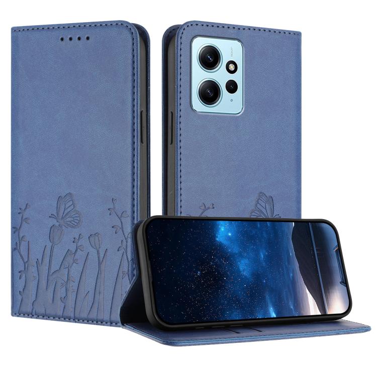 Tulips butterfly-pattern magnetic vegan leather phone case, slate blue folio with flap