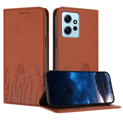 Magnetic vegan leather phone case in orange with tulip and butterfly pattern, flip cover