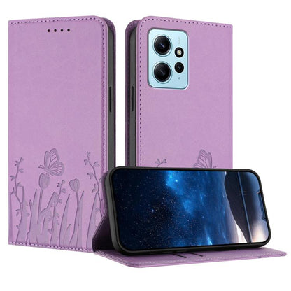 Magnetic vegan leather phone case in light purple with tulip and butterfly pattern, flip cover