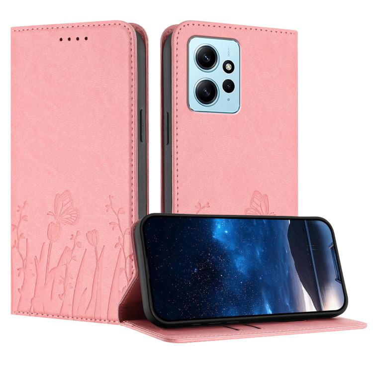 Magnetic vegan leather phone case in pink with tulip and butterfly pattern, flip cover