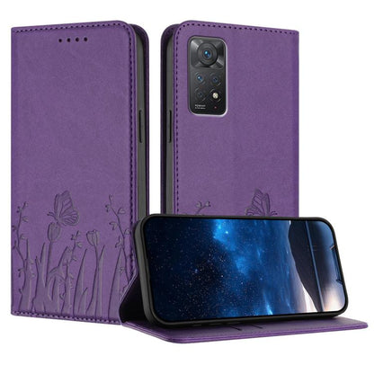 Purple magnetic vegan leather phone folio case with butterfly and tulip pattern