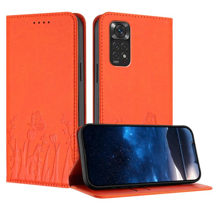 Orange magnetic folio phone case with butterfly and tulip pattern, front cover raised