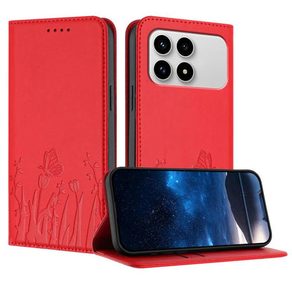 Red flip phone case with tulip and butterfly pattern, camera cutout, wallet-style cover