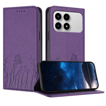 Purple magnetic vegan leather phone case with tulip-and-butterfly embossed flip cover stand