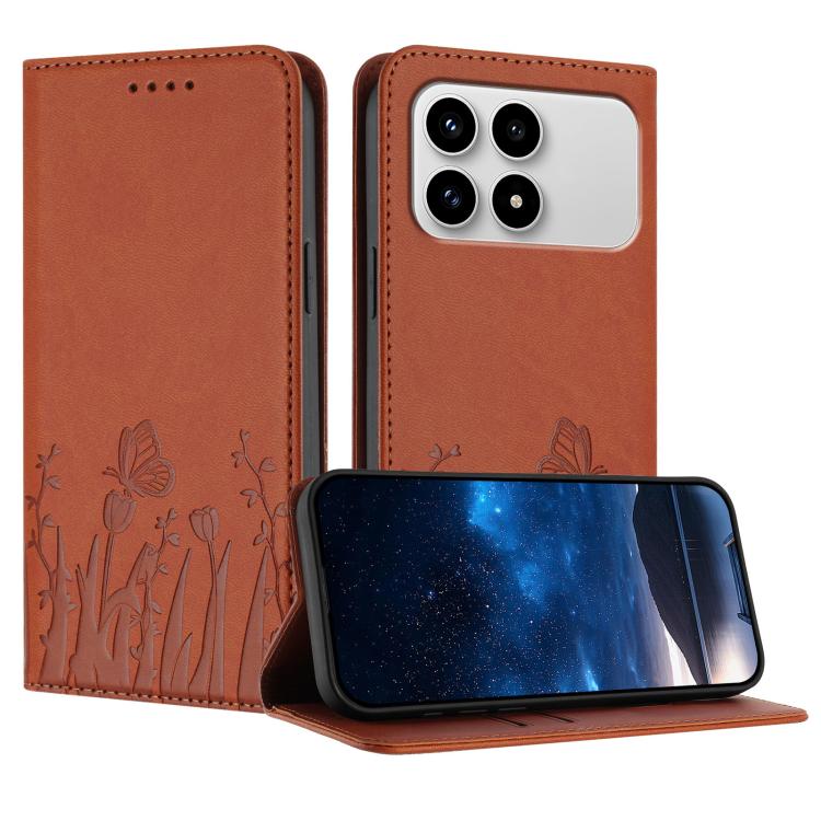 Orange magnetic vegan leather phone case with tulip-and-butterfly embossed flip cover stand
