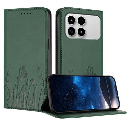 Dark green magnetic vegan leather phone case with tulip-and-butterfly embossed flip cover stand