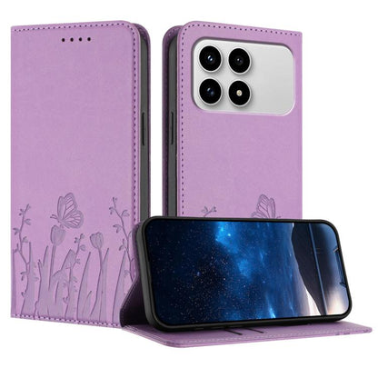 Lavender magnetic vegan leather phone case with tulip-and-butterfly embossed flip cover stand