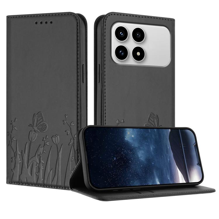 Black magnetic vegan leather phone case with tulip-and-butterfly embossed flip cover stand