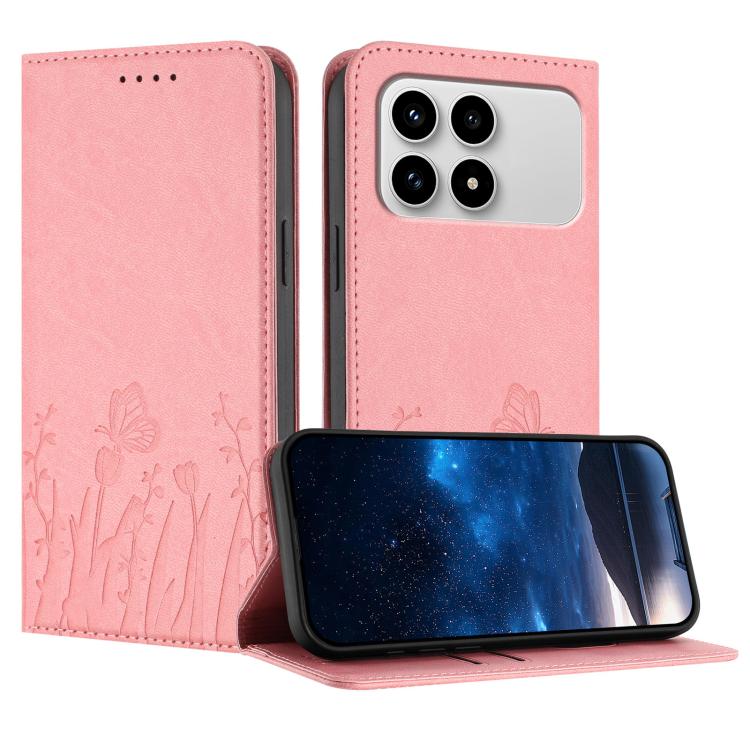 Pink magnetic vegan leather phone case with tulip-and-butterfly embossed flip cover stand