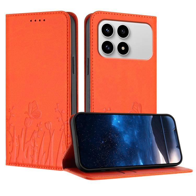 Orange magnetic vegan leather phone case with tulip-and-butterfly embossed flip cover stand
