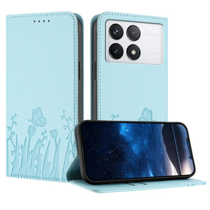 Light blue folio wallet phone case with tulip and butterfly pattern, flip cover protection