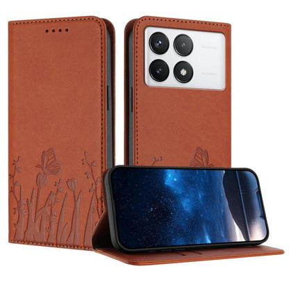 Brown magnetic vegan leather phone case with tulip and butterfly pattern, flip cover