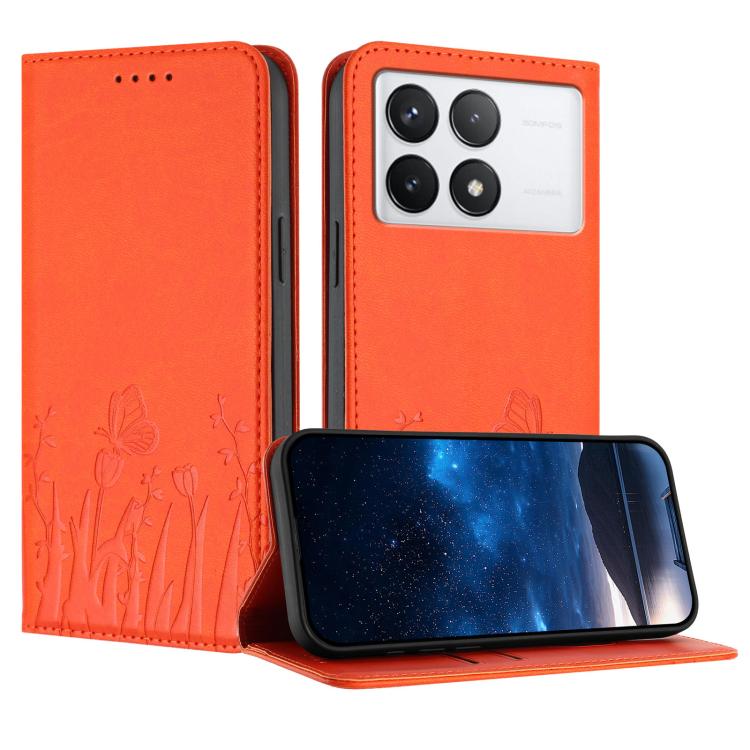 Orange magnetic vegan leather phone case with tulip and butterfly pattern, flip cover