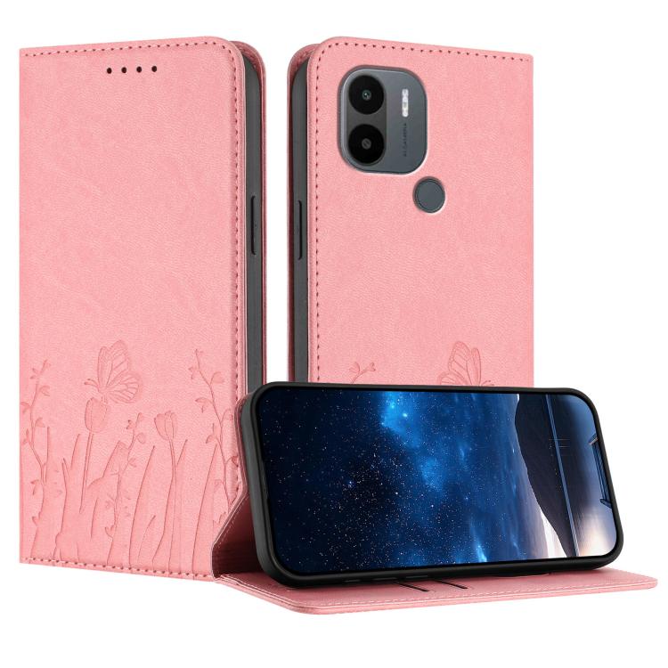 Tulips butterfly-pattern magnetic vegan leather phone case, pink folio with flap