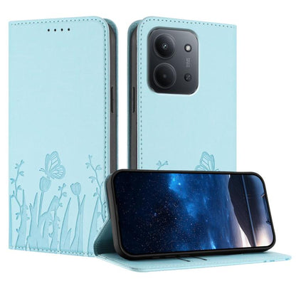 Light blue vegan leather phone case with tulip and butterfly pattern, magnetic flip cover
