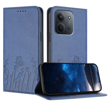 Blue vegan leather phone case with tulip and butterfly pattern, magnetic flip cover