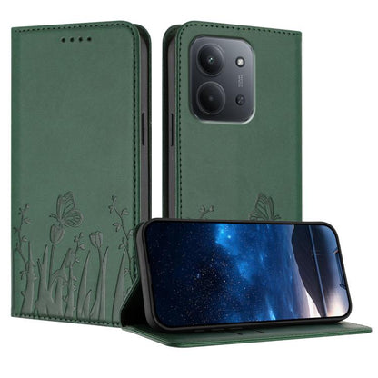 Dark green tulip & butterfly magnetic vegan leather phone case with folio stand