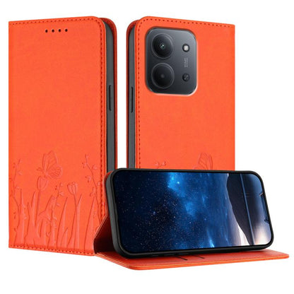 Bright orange tulip & butterfly magnetic vegan leather phone case with folio stand