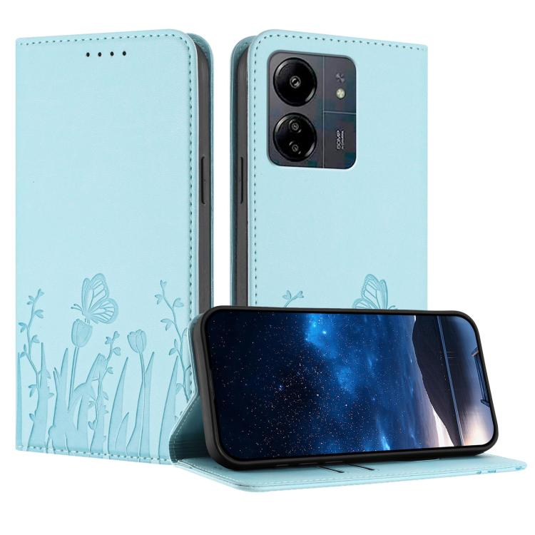 Light blue magnetic wallet phone case with tulip and butterfly pattern, flap closed