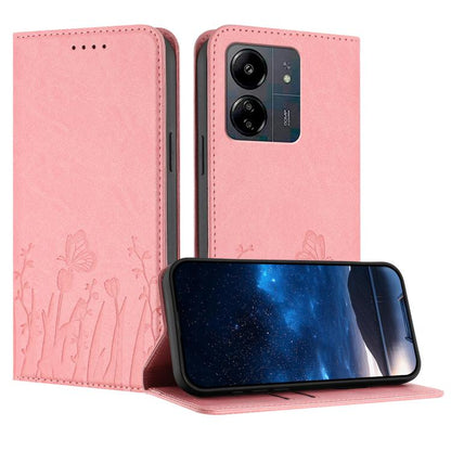 Light pink magnetic vegan leather phone case with butterfly and tulip embossed pattern.