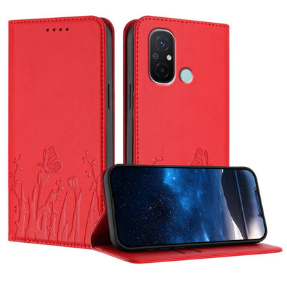 Magnetic vegan leather phone case in red with tulip and butterfly pattern, flip cover