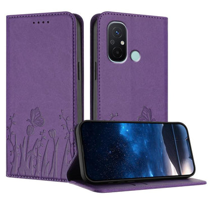 Magnetic vegan leather phone case, purple with tulip and butterfly pattern and card slots