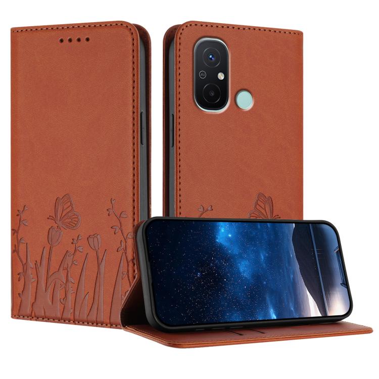 Magnetic vegan leather phone case, orange-brown with tulip and butterfly pattern