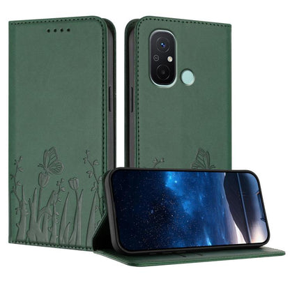 Magnetic vegan leather phone case, dark green with tulip and butterfly pattern