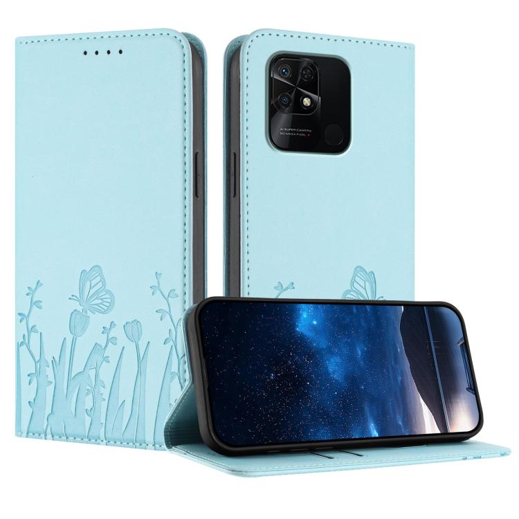 Light blue magnetic vegan leather phone case with tulip and butterfly pattern